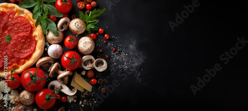 Traditional Italian food: pizza on black background top view. Free space for your text