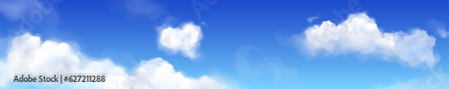 Realistic blue sky with white clouds. Vector illustration of abstract vapor floating in air, heavenly background, beautiful cloudscape on sunny day, summer weather. Airline travel banner backdrop