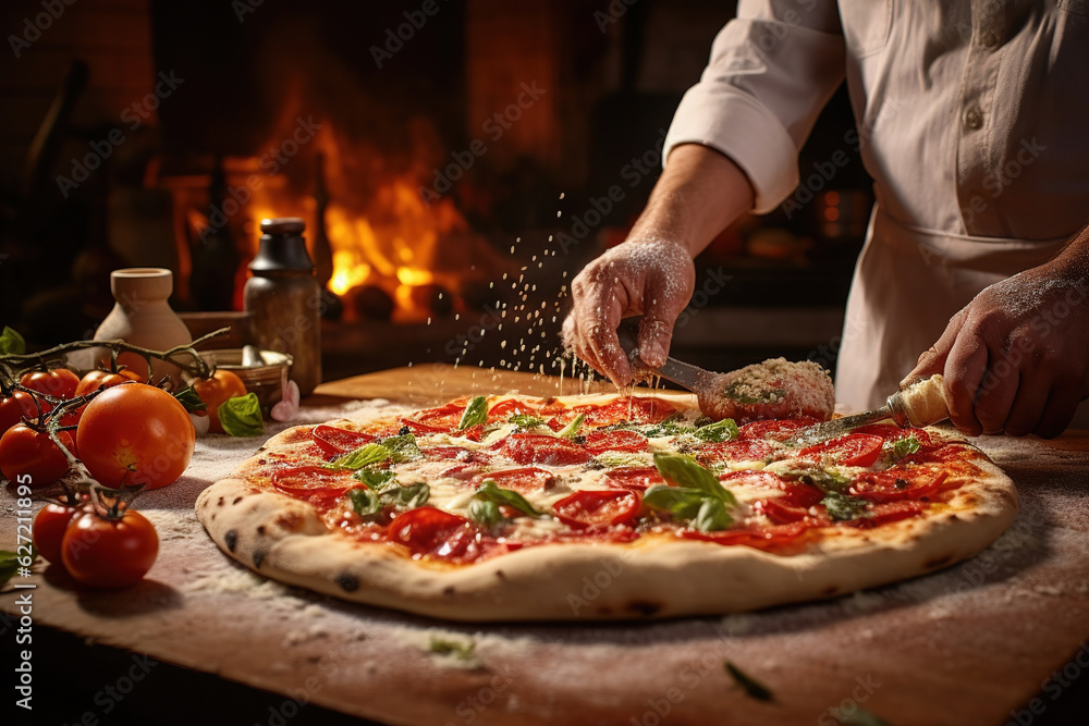 Traditional home made Italian Pizza by chef. Pizza dough being prepared with tomato sauce and mozzarella. The process of making pizza