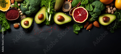 Healthy food clean eating selection  fruit  vegetable  seeds  superfood  cereal  leaf vegetable in kitchen background