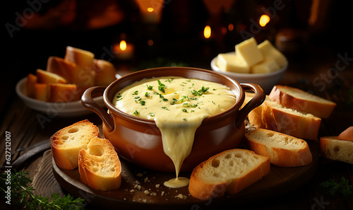 traditional cheese fondue, swiss cuisine.Fondue from melted cheese with bread on long forks on a rustic wooden table, traditional new year dish from Switzerland, copy space, high angle , 