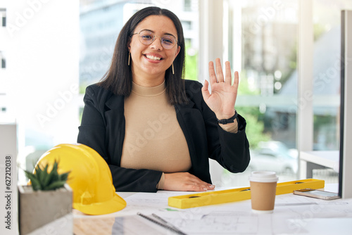 Architect portrait, office and happy woman greeting, wave hello and work on development project, floor plan or design. Job career, smile and friendly person welcome in architecture engineering office