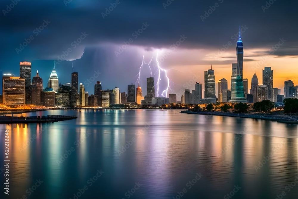 city skyline with storm