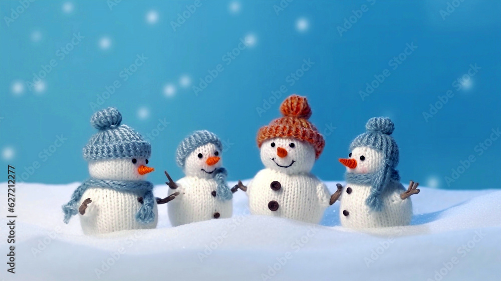 snowman family wearing scarf and beanie with pine trees on snow background snowman family wearing scarf and beanie with pine trees on snow background