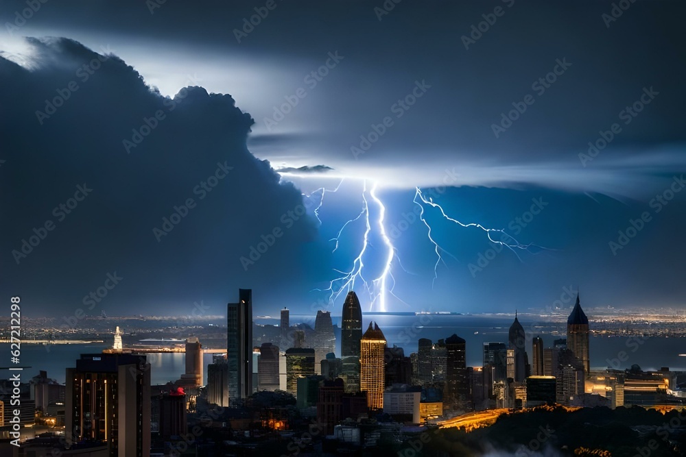 city skyline with storm