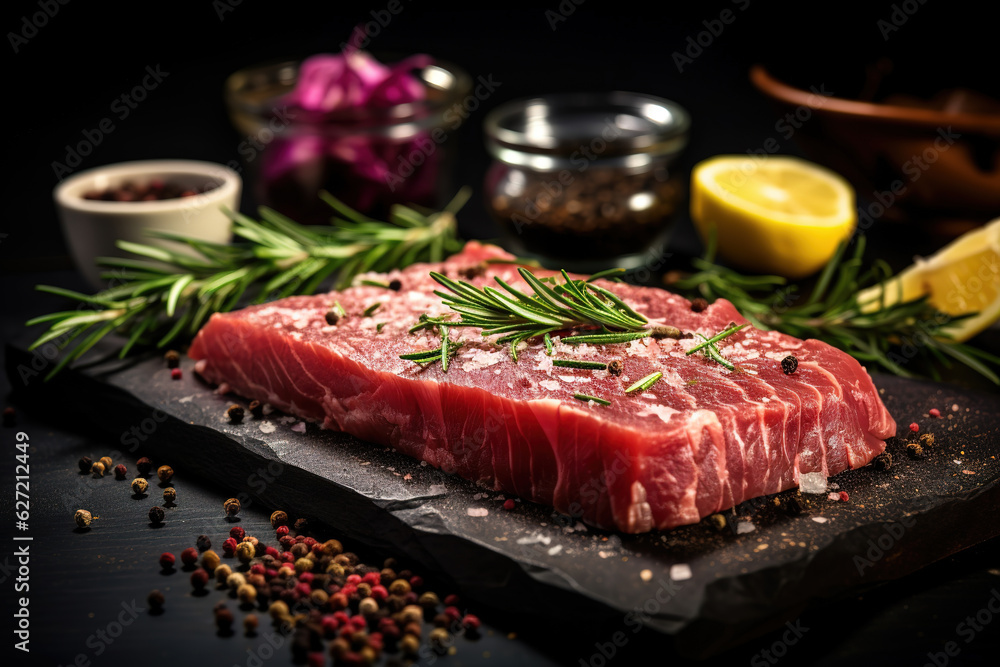 Fresh tuna with lemon and rosemary and salt and spices on a cutting board. Against a dark background Fresh tuna with lemon and rosemary and salt and spices on a cutting board. Against a dark background