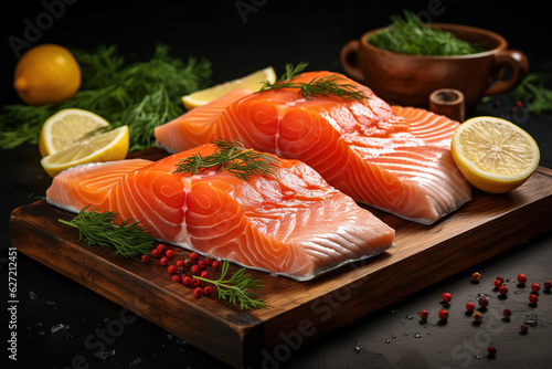 Raw salmon fish fillet with fresh herbs and lemon and rosemary on cutting board in kitchen