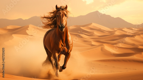 Fotografiet A single horse run in desert sand , beautiful landscape of sandy dunes
