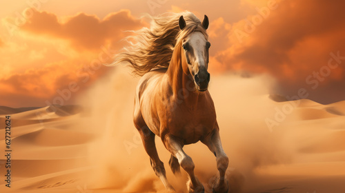 Horse free run in desert dust