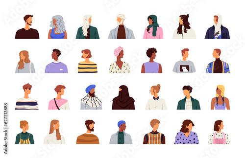 Diverse men, women set. People faces profiles, looking aside. Abstract different faceless characters avatars with turned heads, side view. Flat vector illustrations isolated on white background