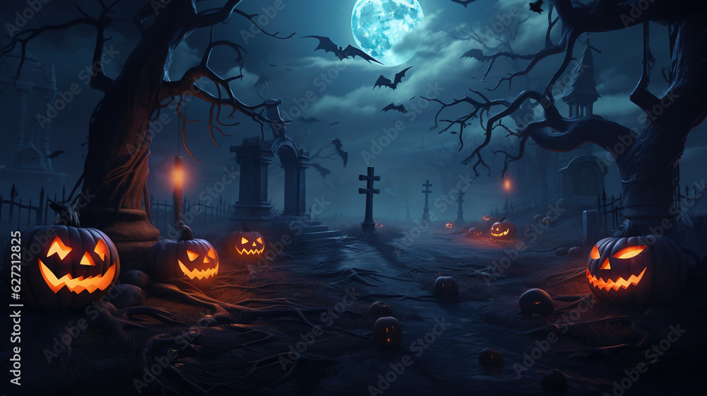 Halloween background with pumpkins at cemetery. AI