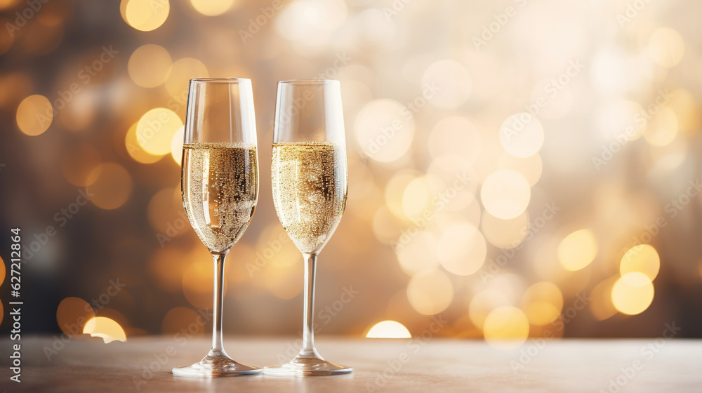 Champagne glasses on the table, with empty space for text. AI Champagne glasses on the table, with empty space for text. AI