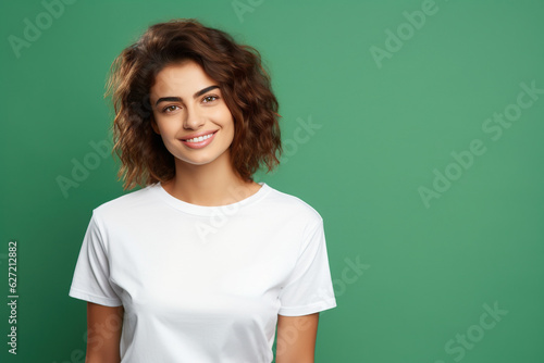 Young smiling caucasian woman wearing blank white t-shirt isolated on a green background. AI