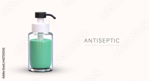 Hand sanitizer, antiseptic. 3D bottle with dispenser and green liquid. Vector advertising of disinfectants. Destruction of bacteria and viruses. Liquid soap in package