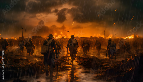 World War I soldiers fighting with bayonets on a muddy front where the rain clouds close to sunset begin to lightly open and the orange lights of the sun come out