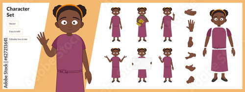 Illustration of a small black child, wearing casual clothing in a set of multiple poses. Easy to edit with editable line strokes and isolated on white background. Suitable for animation.