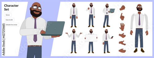 Illustration of black man with beard, wearing business clothing in a set of multiple poses. Easy to edit with editable line strokes and isolated on white background. Suitable for animation.