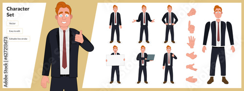 Illustration of business man, wearing suit in a set of multiple poses. Easy to edit with editable line strokes and isolated on white background. Suitable for animation.