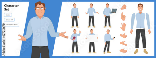Illustration of middle aged man, wearing business casual clothing in a set of multiple poses. Easy to edit with editable line strokes and isolated on white background. Suitable for animation.