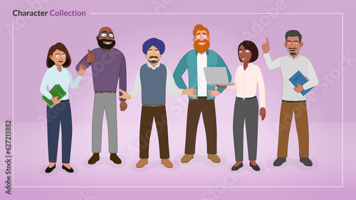 Collection of six diverse illustrated characters in business casual clothing.