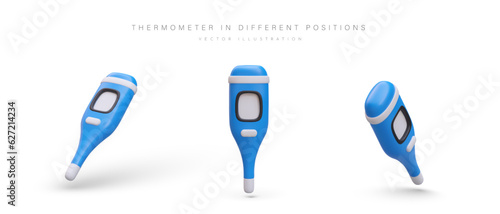 Realistic electronic thermometer in different positions. Modern medical equipment for measuring human body temperature. Contact digital thermometer with screen off. Set of medical isolated icons