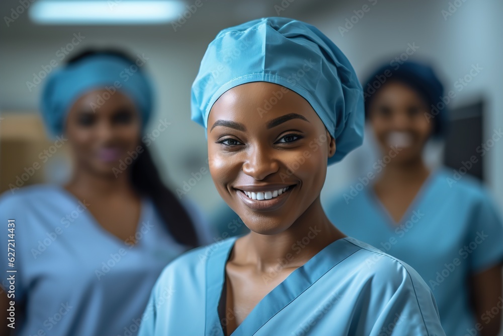 a female nurse smiles and looks at the camera in a medical office