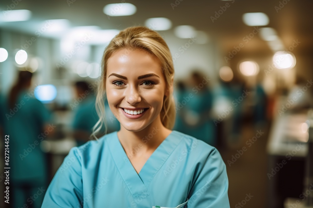 a female nurse smiles and looks at the camera in a medical office a female nurse smiles and looks at the camera in a medical office