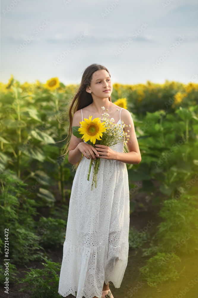 A beautiful girl walks in a field with sunflowers. A girl with long hair and a white dress. Blooming field of sunflowers. Girl with flowers in her hands A beautiful girl walks in a field with sunflowers. A girl with long hair and a white dress. Blooming field of sunflowers. Girl with flowers in her hands