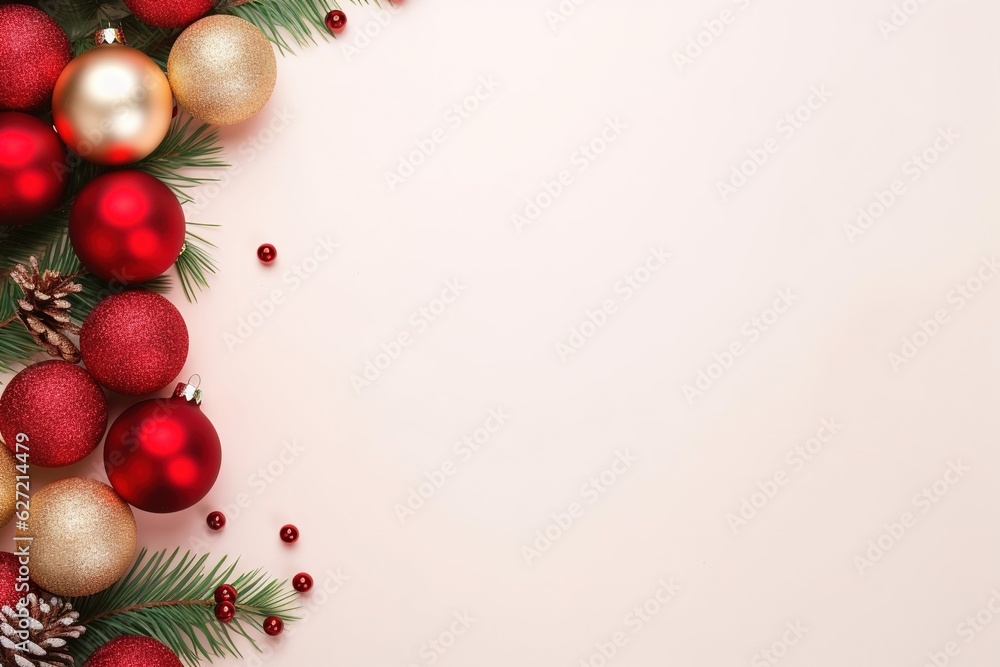 Red and golden Christmas balls, branches on white background. Xmas banner. Made with Generative AI.