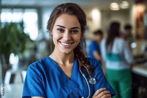 a female nurse smiles and looks at the camera in a medical office