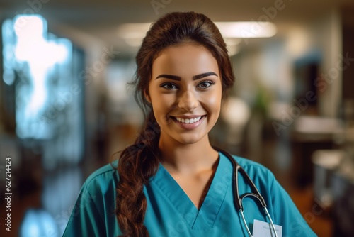 a female nurse smiles and looks at the camera in a medical office