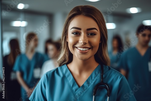 a female nurse smiles and looks at the camera in a medical office