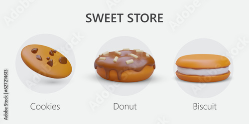 3D icons for sweets shop. Set of isolated vector textured illustrations with shadows and reflections. Chocolate chip cookies, donut with glaze and sprinkles, sandwich cookies