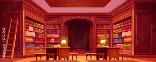 Bookshelf in library interior with table and chair background illustration. Cartoon librarian wooden shelf in school or college archive cartoon graphic. bookstore furniture with desk and lamp in hall