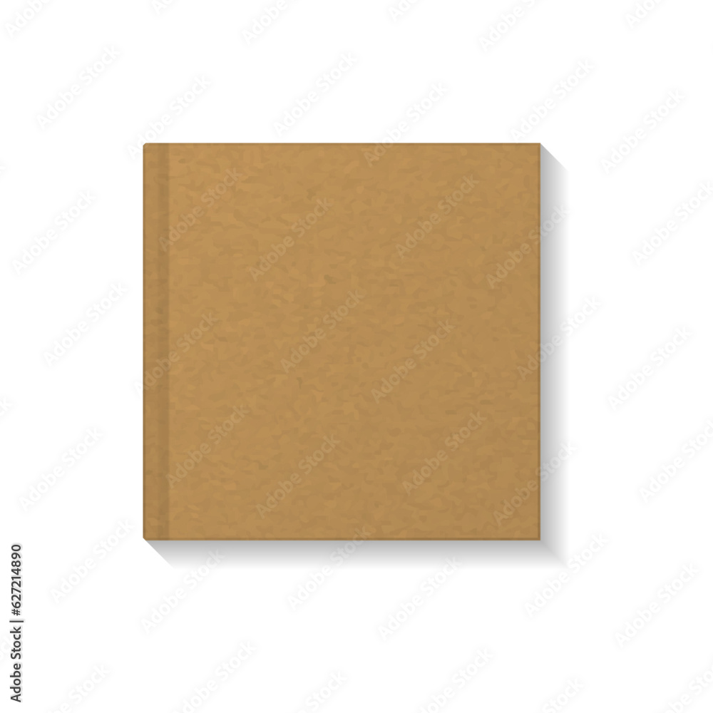 Blank kraft paper cover square book, notebook or magazine top view mockup template. Isolated on white background with shadow. Ready to use for your design or business. Realistic vector illustration.
