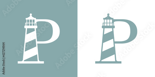 Logo Nautical. Icono de torre marítima en puerto. Letra inicial P con faro de luz