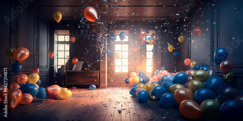  Interior of living room, apartment decorated balloons, lights, confetti. Celebration, holidays, anniversary. background for birthday party. Photo Zone.Generative Ai