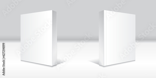 Blank white standing softcover thick book or magazine mockup template. Isolated on white and gray gradient background with shadow. Ready to use for your business. Realistic vector illustration.