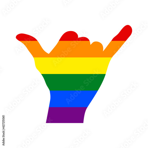 Logo lgbt. Mes del orgullo. Silueta de mano con señal shaka. Mano con símbolo hang loose con los colores de la bandera arco iris