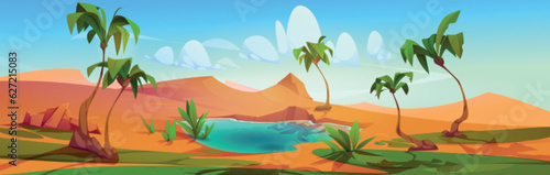 Oasis with palm trees and lake in desert. Summer landscape with sand dunes, water, green plants and grass. Nature panorama with oasis in desert, vector cartoon illustration