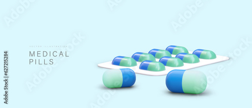 3d realistic blister pack with pills. Web poster with pills and place for text. Treatment, prescribing pills, prescription concept. Vector illustration in blue colors