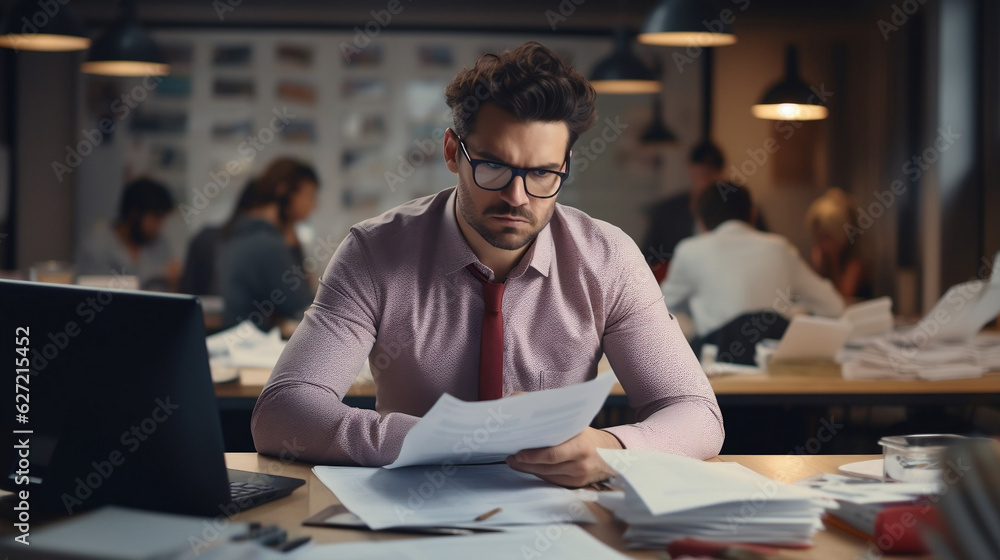 young man businessman sits in the office at the table and reads the received letter surrounded by documents worried about the future young man businessman sits in the office at the table and reads the received letter surrounded by documents worried about the future