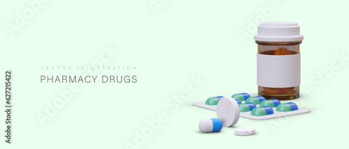 Realistic jar, blister pack with pills and different kind of pills. Medical poster, advertising campaign for private clinic. Pharmacy drugs concept. Vector illustration