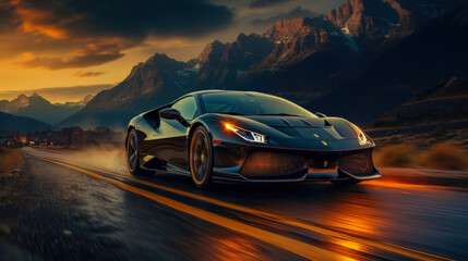 Gardinen Kinderzimmer Black Sports Car Racing Against the Sun on a Winding Highway with Orange Light Trail AI Generated  © Graphics.Parasite
