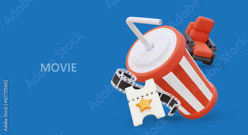 Movie and cinema time. Color poster with 3D floating objects. Large cup with drink and straw, comfortable chair with armrests, film strip, ticket with gold star. Place for announcement, text, date
