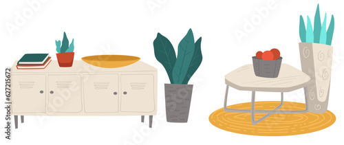Modern interior design with table and fora decor