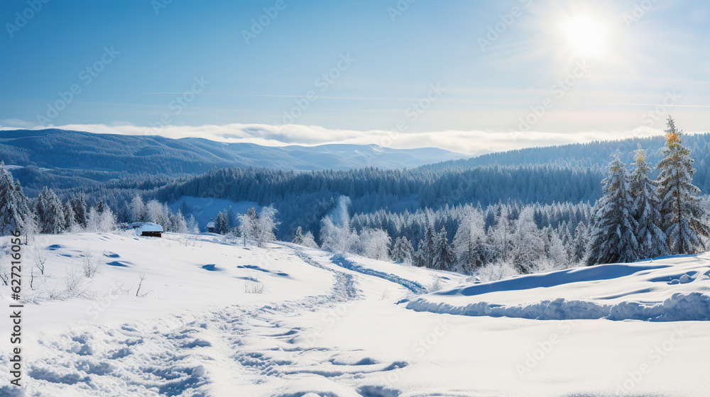 Stunning Panorama of Snowy Landscape in Winter in Black Forest - A Breathtaking Winter Wonderland Scene. created with Generative AI