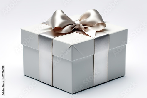 Shiny Silver Ribbon Bow Adorns Gift Box - Elegant Present for Special Occasions. Luxury Gifting Concept, Celebratory Decoration, Celebration. created with Generative AI © photobuay