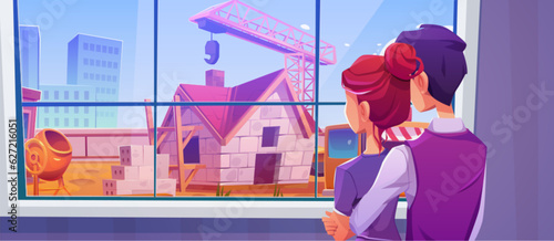Couple looking at house construction site through window. Vector cartoon illustration of man and woman hugging in room at home, watching crane machine building brick cottage, cement mixer, cityscape