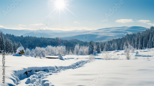 Stunning Panorama of Snowy Landscape in Winter in Black Forest - A Breathtaking Winter Wonderland Scene. created with Generative AI